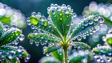 Wall Mural - Close-up of a plant covered in glistening water droplets, plant, close-up, macro, nature, flora, leaves, dew, raindrops, freshness