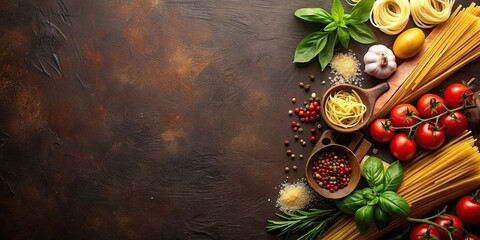 Background of fresh Italian ingredients on dark brown background