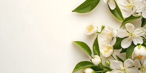 Wall Mural - White neroli blossom against white backdrop with citrus trees blooming fruit. Concept Nature, Flora, Fragrance, Citrus Trees, Photography