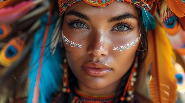 A stunning portrait of a woman with piercing eyes, wearing ornate tribal accessories and makeup