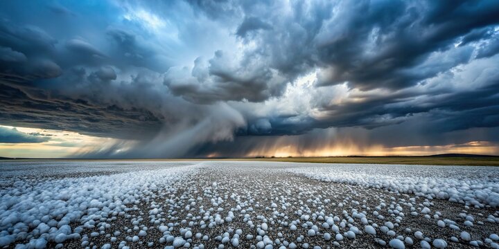 Intense photograph of a hailstorm with ice pellets pelting the ground amid dark storm clouds, hailstorm