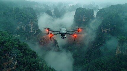 An atmospheric shot of a drone with red lights hovering in a foggy scene amidst mountain peaks shrouded in mist