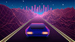 © swillklitch - Neon car in 80s synthwave style racing to the city through mountain canyon. Retrowave auto illustration with car on the grid landscape road, in 90s arcade game style