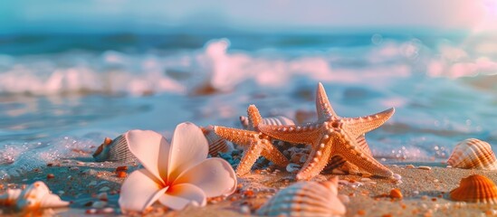 Starfish, seashell, and flower by the seaside in the summer ocean. Embracing the summer vibes.
