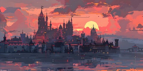 Anime pixel art of a fantasy cityscape at sunset with castles. Concept Fantasy, Anime, Pixel Art, Cityscape, Sunset, Castles