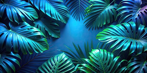 Tropical leaves illuminated with blue and green light , tropical, leaves, foliage, nature, illuminated, blue, green, vibrant