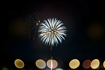 Wall Mural - Gold and dark blue Fireworks and bokeh in New Year eve and copy space. Abstract background holiday.