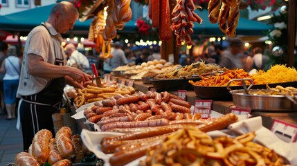 Bavarian Delicacies at Vibrant Oktoberfest Food Stall With Sausages, Sauerkraut, and Pretzels