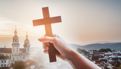 Wall Mural - Wooden Christian Cross being held by Dark Skinned Hand - Symbol of Christianity - Believe and Faith in Christ or God - Praying or Wishing - Worshipping of Religion - Asking for Blessing from Above