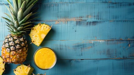 Wall Mural - Fresh pineapple smoothie on a blue wooden table