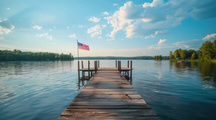 Wall Mural - serene lakeside dock with an American flag flying at the end, surrounded by nature