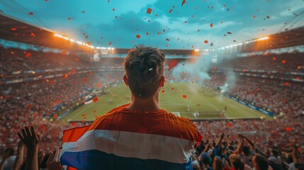 Wall Mural - A fan draped in a flag overlooks a stadium brimming with supporters, confetti, and excitement