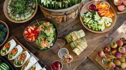 Raw Food Brunch with Fresh Vegetables, Fruit Platters, and Desserts on Rustic Wooden Table