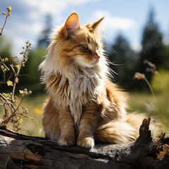 A fluffy red tabby cat with yellow-green eyes sits on a log against the background of the forest.