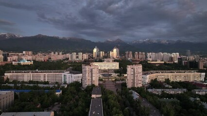 Wall Mural - View from a quadcopter of the central part of the Kazakh city of Almaty on a summer evening