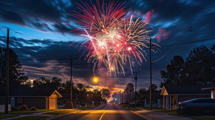 Wall Mural - vibrant fireworks display lighting up a dark night sky over a quiet suburban street