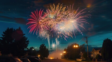 vibrant fireworks display lighting up a dark night sky over a quiet suburban street