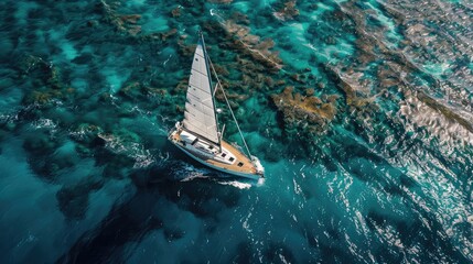 Top view of sailboat on the water surface on turquoise water background. Summer seascape travel concept.