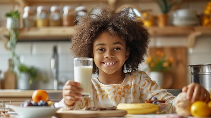 Poster - Cheerful young girl enjoying a healthy breakfast in a cozy home kitchen. Bright smile and warm, inviting atmosphere. Ideal for family, nutrition, and lifestyle projects. AI