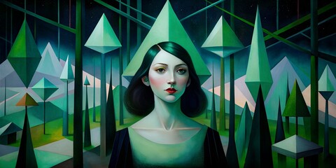 Wall Mural - Portrait of a woman in oil paints,  on a black background with geometric shapes and lines generated by AI  green black 