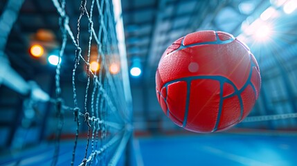 Wall Mural - Close-up of a red volleyball in a gymnasium with vibrant lighting. The image showcases a dynamic scene with the ball hitting the net. Great for sports-themed designs and promotional purposes. AI