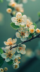 Wall Mural - Branch of white cherry blossoms on a green background. Spring and nature concept. Design for poster, wallpaper, and greeting card. Closeup view with copy space.