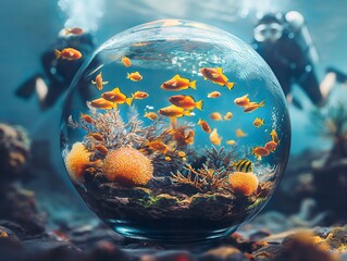 An underwater scene showing scuba divers looking at a fishbowl with a coral reef and golden fish inside, ai generated