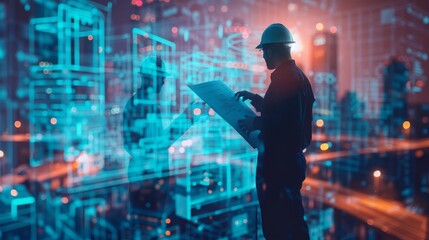 Silhouette of an engineer wearing a helmet reviewing blueprints with a digital cityscape overlay in the background, symbolizing futuristic construction.