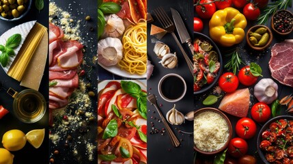 Italian cuisine elements and dishes presented in a collage. Background of traditional Italian food, with space for text. Generative AI