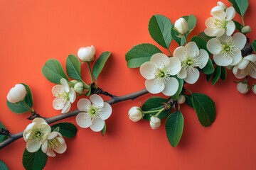 Wall Mural - Branch of white cherry blossoms on a orange background. Spring and nature concept. Design for poster, wallpaper, and greeting card. Top view with copy space.