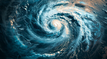 Aerial view of a tropical cyclone over the ocean, showcasing the massive size and distinct spiral structure of the storm.