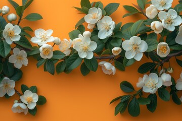 Wall Mural - Branch of white cherry blossoms on a orange background. Spring and nature concept. Design for poster, wallpaper, and greeting card. Top view with copy space.