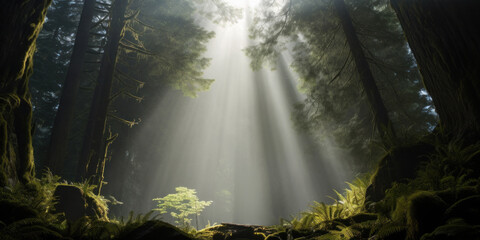 Wall Mural - Sunlight Streaming Through Mist In Lush Forest. Ancient Fern Covered Woods. Generative AI