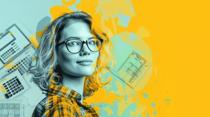 Confident accountant wearing glasses looking at the camera with a slight smile. Yellow and blue background with calculator graphics.