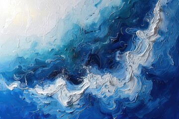 Abstract acrylic painting featuring calming ocean waves in blue and white