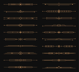 Wall Mural - Golden art deco dividers, menu border elements, elegant ornament frame vector set of decorative elements. Refined gold luxurious, symmetrical dividers, underlines or headers. Art deco embellishment