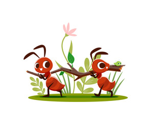 Cartoon ants carry tree branch, funny cute insect characters, vector ant workers. Happy ants builders carrying tree twig to anthill nest with small bug in grass and flowers for child cartoon