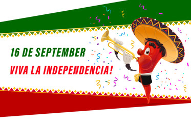 Wall Mural - Independence Day of Mexico banner. Mexican chili pepper musician with confetti and national flag, vector Mexico holiday. Cartoon chili or jalapeno mariachi character with sombrero playing trumpet