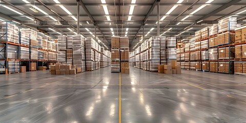 Wall Mural - Optimizing Distribution Efficiency in a Large Warehouse with Well-Organized Boxes. Concept Warehouse Management, Distribution Efficiency, Box Organization, Logistics Optimization