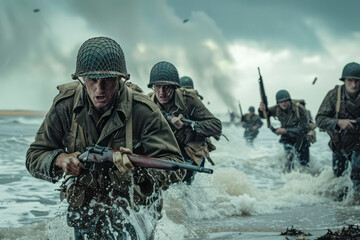 Allied Forces Brave the Waters: Soldiers Advance Towards Shoreline with Determination, Gripping Rifles in Archive-Style Image.