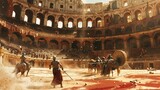 Gladiator fight and chariot race in ancient Roman colosseum