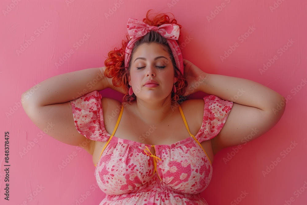 body-positive-plus-size-very-fat-woman-in-pink-dress-closed-eyes-and