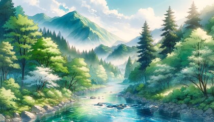 A peaceful spring landscape showcasing a crystal-clear river, verdant forest and misty mountains