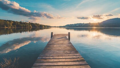 A serene wallpaper of a wooden pier extending into a calm lake at sunset. AI generated