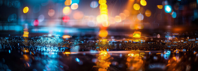 Sticker - Dark street of the night city with wet road. Reflection on the wet asphalt, the bokeh lights of the night city.