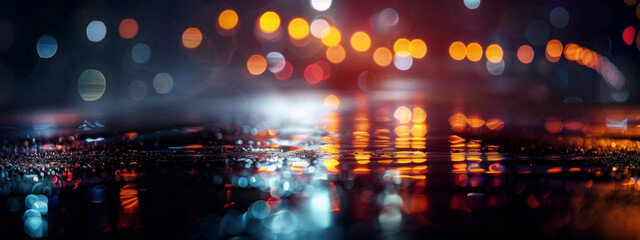 Sticker - Dark street of the night city with wet road. Reflection on the wet asphalt, the bokeh lights of the night city.