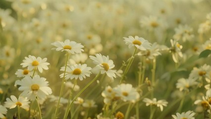 Sticker - White daisies cover a field, glistening in sunlight, A whimsical field of daisies swaying in the breeze