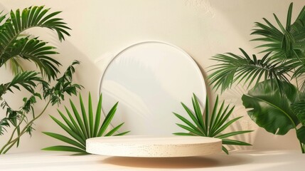 Poster - Product display podium for natural product. Empty scene mock up with tropical leaves