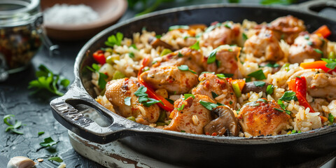 mouth watering chicken and rice. mushrooms, garlic, pepper and coriander cooked to perfection. spicy chicken cooked with love.