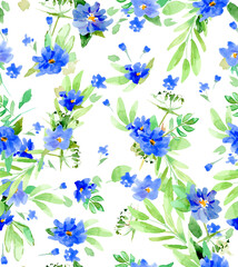 Wall Mural - seamless floral pattern, blue flowers and green leaves. watercolor handdrawn illustration, isolated 
